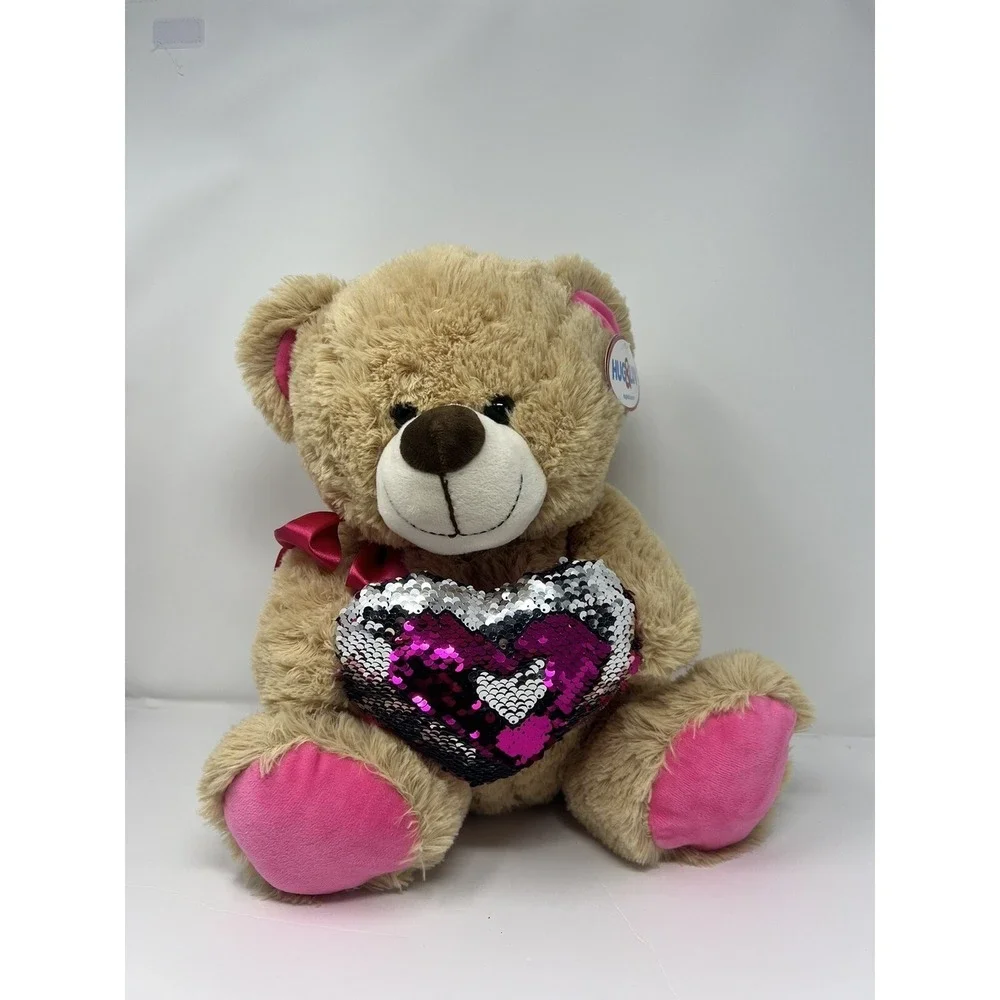 Hug&Luv Brown Bear and Pink Tie Plush Stuffed Toy w/ Heart Reversible Color Gift